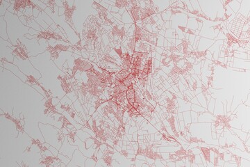Map of the streets of Chisinau (Moldova) made with red lines on white paper. 3d render, illustration