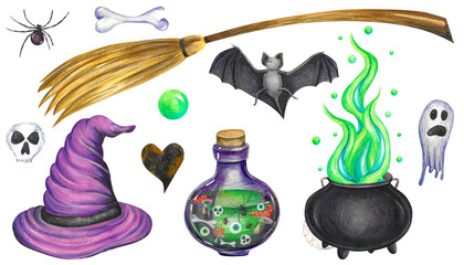 magic witch's cauldron painted in Halloween watercolor