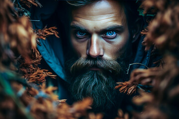 Majestic autumnal portrait, solitary man embodying the spirit of a woodsman deeply concealed in vibrant orange foliage. - obrazy, fototapety, plakaty