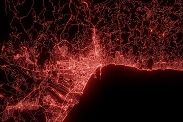 Street map of Malaga (Spain) made with red illumination and glow effect. Top view on roads network. 3d render, illustration - obrazy, fototapety, plakaty