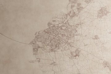 Map of Malmo (Sweden) on an old vintage sheet of paper. Retro style grunge paper with light coming from right. 3d render