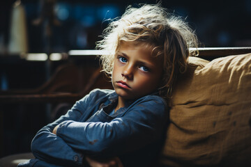 Engaging image of a young, blond boy displaying deep sadness. His blue eyes and crossed arms enhancing a vulnerable feel of poignant solitude.