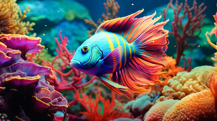 Fototapeta na wymiar Colorful fish swims among colorful corals, highly contrast colorfull details