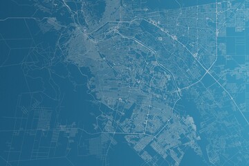 Map of the streets of Ciudad Juarez (Mexico) made with white lines on blue paper. Rough background. 3d render, illustration