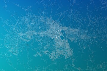 Map of the streets of Cochabamba (Bolivia) made with white lines on greenish blue gradient background. 3d render, illustration - obrazy, fototapety, plakaty