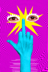 Vertical collage illustration of human arm showing you middle finer rude sign symbol isolated on...