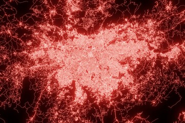 Street map of Sao Paulo (Brazil) made with red illumination and glow effect. Top view on roads network. 3d render, illustration