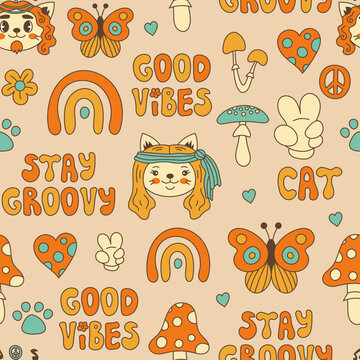Hippie seamless pattern with cat. Trendy colorful vector doodle seamless background in 60s - 70s retro style. Psychedelic cartoon characters, mushrooms, peace, handwritten lettering 