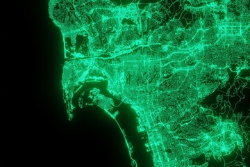 Map of the streets of San Diego (California, USA) made with green illumination and glow effect. Top view on roads network. 3d render, illustration