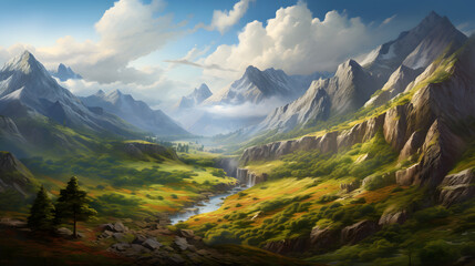 Fototapeta premium Take in the breathtaking views of mountain peaks and valleys. This highly detailed image showcases the undulating terrain and the interplay of light and shade across the landscape.