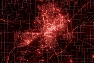 Street map of Fort Wayne (Indiana, USA) made with red illumination and glow effect. Top view on roads network. 3d render, illustration - obrazy, fototapety, plakaty