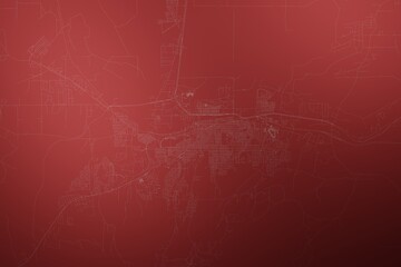 Map of the streets of Casper (Wyoming, USA) made with white lines on abstract red background lit by two lights. Top view. 3d render, illustration