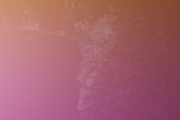 Map of the streets of Bujumbura (Burundi) made with white lines on pinkish red gradient background. Top view. 3d render, illustration
