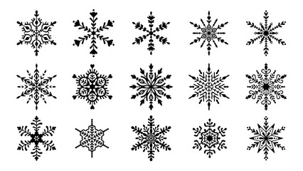 Black Snowflakes big set. Large collection of elegant snowflakes in line art style for winter, New year, Christmas design. Vector illustration
