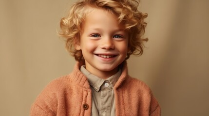 A heartwarming image captures the innocence and pure delight of a blond-haired boy against a beige backdrop.
