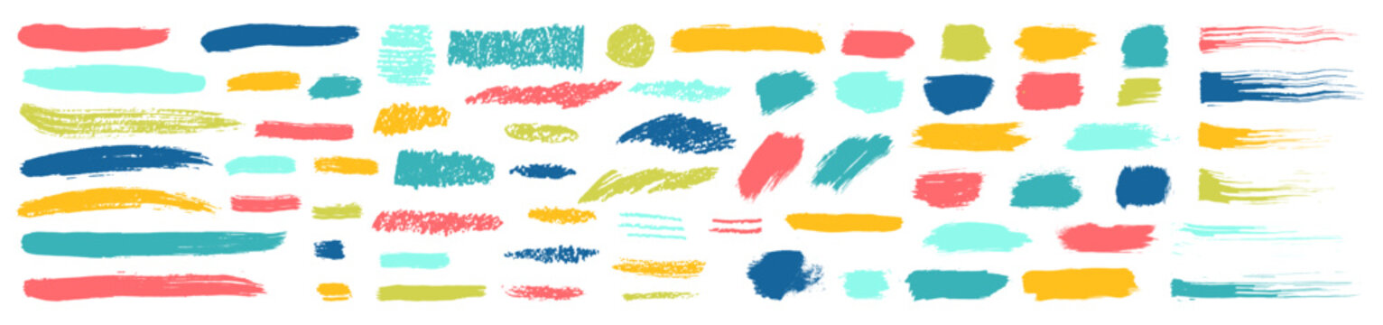 Vector paint brush texture strokes. Ink splash smear background set. Paintbrush color charcoal scribble elements collection. Rough crayon art doodles. Pencil lines. Each element is united and isolated