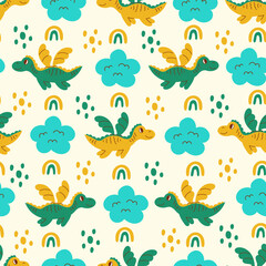 Flying dragon seamless pattern with rainbow cloud and dots. Cute childish seamless background with little dragon with wings flying in the sky. Repeat vector illustration