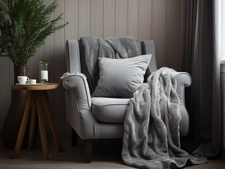 cushion with gray velvet blanket on the armchair
