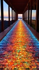 Colorful mosaic on a walkway in the sea at sunset.