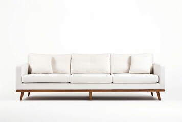 A minimalist white couch on a clean white floor