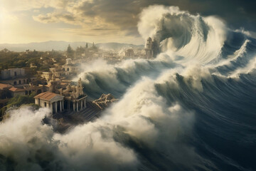 A giant tsunami wave is hitting an antique city, maybe Atlantis. Biblical Flood concept.