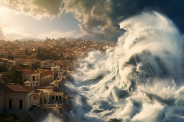 A giant tsunami wave is about to destroy an antique city, maybe Atlantis. Biblical Flood concept.