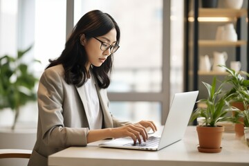 Asian businesswoman working on laptop in office