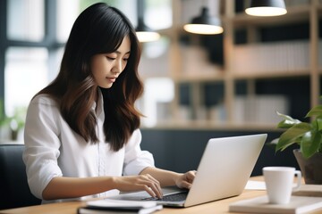 Fototapeta premium Asian businesswoman working on laptop in office