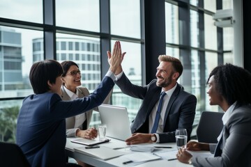 Successful businessmen high fiving each other during a meeting