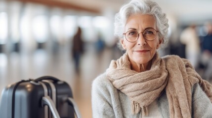 Senior woman traveler at the airport, confidently stylish in neutral clothing and eyeglasses, her smile directed at the camera.