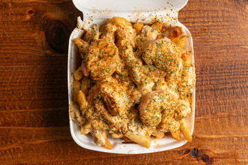 French fries with shrimp and crab meat