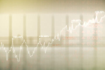 Multi exposure of virtual abstract financial diagram on abstract empty interior background, banking and accounting concept