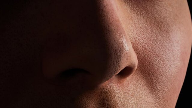 Macro profile of young woman n a black background. Human nose close-up. Skin. A shadow falls on the face. 3D animation.