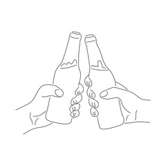 Hands holding beer bottle in sketch style. Cheers concept. Vector editable stroke.