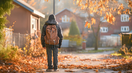Boy with his backpack walking alone and depressed due to bullying. Childhood bullying and social problems. Generative ai