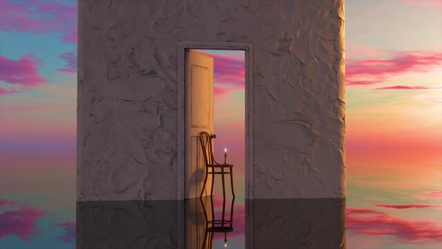 White concrete wall and an open door to imaginary world. Pink purple sunset. Surrealism. A candle burns on a chair in the doorway 