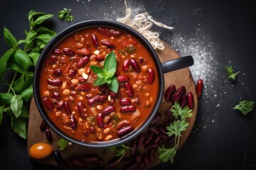 Chili Soup with Red Beans, Bean Minestrone, Vegetarian Chili Bean Stew Bowl, Abstract Generative AI Illustration
