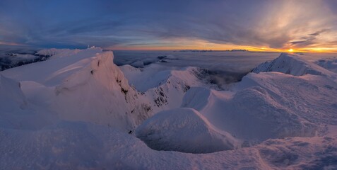 Beautiful, dramatic sunrise in the snowy mountains. Winter Slovakia mountain - Low Tatras from Dumbier, Chopok. Winter landscape. - obrazy, fototapety, plakaty