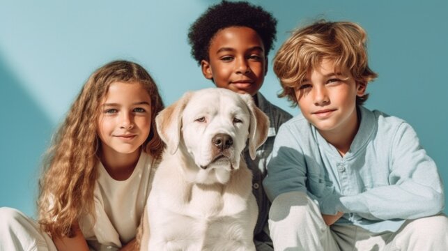 Happy children with their four-legged friend in a professional image.