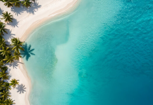 Plage, cocotiers et lagon vus de dessus