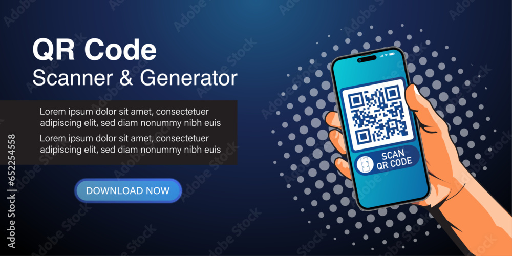 Poster qr code scanner and generator concept. scanning the qr code through a smartphone held by hand, verif