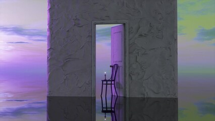 White concrete wall and an open door to imaginary world. Purple sunset. Surrealism. A candle burns on a chair in the doorway 