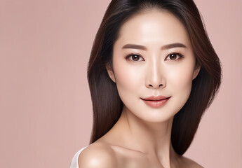 Fototapeta premium Asian woman face with smooth health skin for advertising design. Korean, Chinese or Japanese Beautiful aging young looking woman, beauty health skincare and cosmetics advertisement commercial 