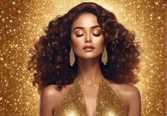  Woman in gold glitter dress on golden glitter background, Beautiful Ai generated woman with closed eyes, curly hair.  © Anminsi
