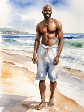 African Man at Beach Male Standing at the Sea  Watercolor Painting