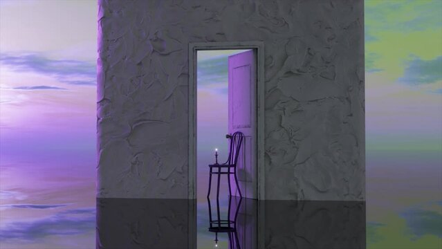 White concrete wall and an open door to imaginary world. Purple sunset. Surrealism. A candle burns on a chair in the doorway 