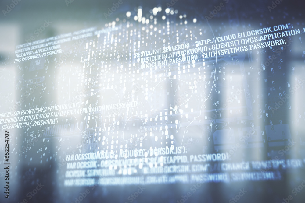 Leinwandbilder double exposure of abstract virtual creative code skull hologram on empty modern office background. 