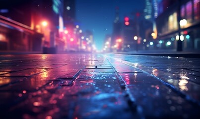 wet city street with blurry lights background, ai generative - obrazy, fototapety, plakaty