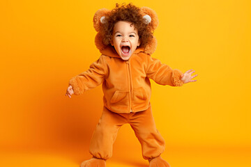 Little King of the Jungle: Adorable Toddler in Lion Costume Roars on an Orange Background with copy space
