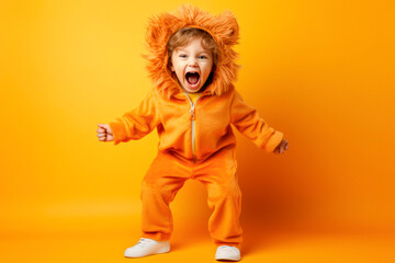Little King of the Jungle: Adorable Toddler in Lion Costume Roars on an Orange Background with copy...